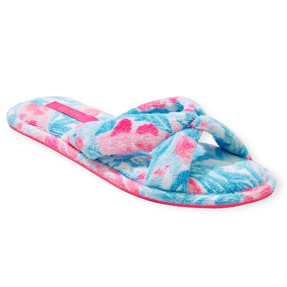 LILLY PULITZER Terry Slippers Printed Velour Bondi Blue My Little Peony NWT - Picture 2 of 9
